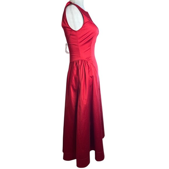 Helsa Stretch Cotton Sateen Midi Dress in Red Small New Womens Aline Fit n Flare - Picture 6 of 16